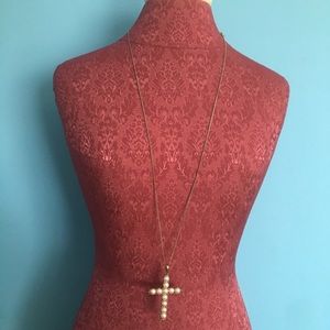 Long pearl cross necklace